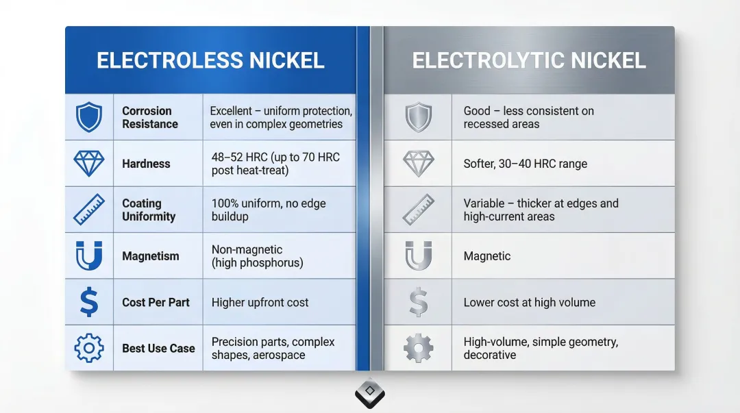 Electroless versus electrolytic nickel plating side-by-side performance comparison infographic