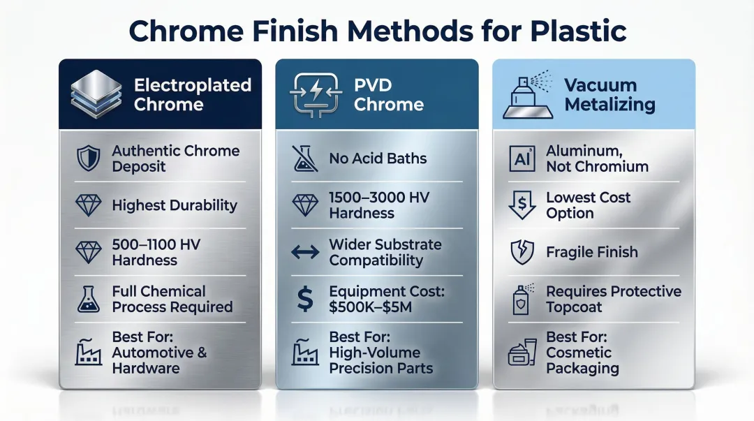 Chrome plating versus PVD versus vacuum metalizing comparison chart for plastic finishes