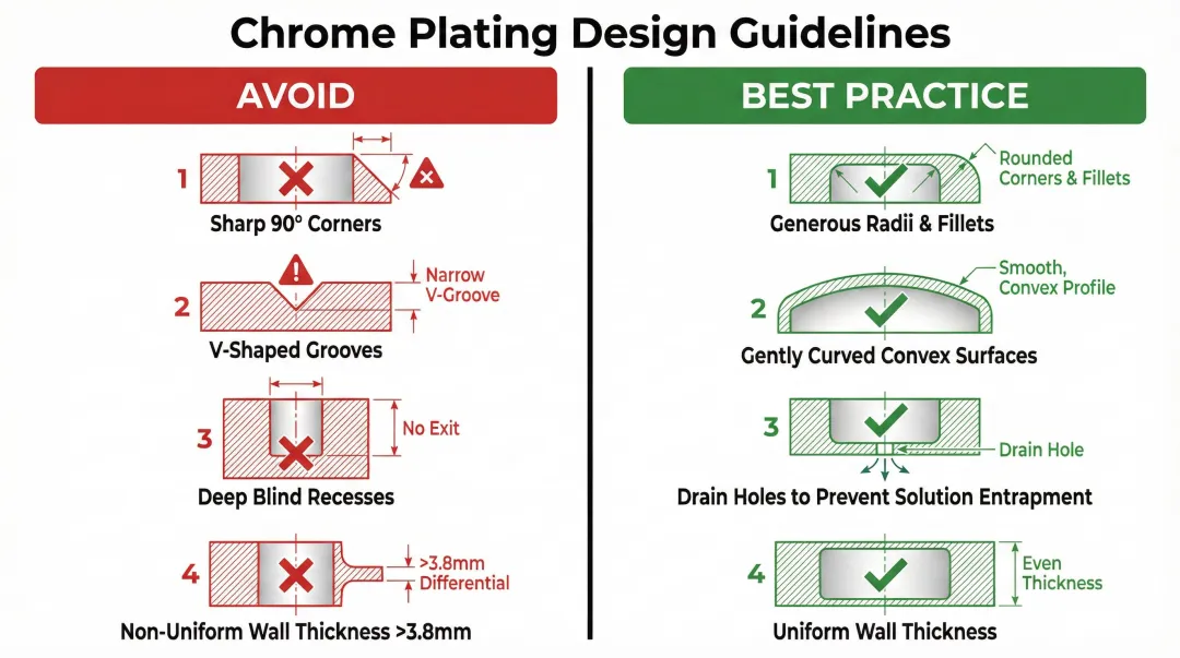Plastic part design guidelines for chrome plating showing problematic versus recommended features