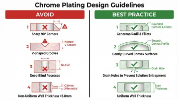 Plastic part design guidelines for chrome plating showing problematic versus recommended features