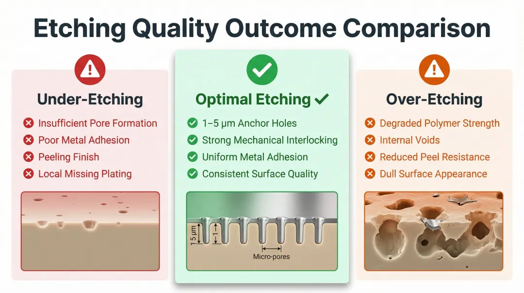 ABS plastic etching under-etching versus over-etching effects comparison infographic