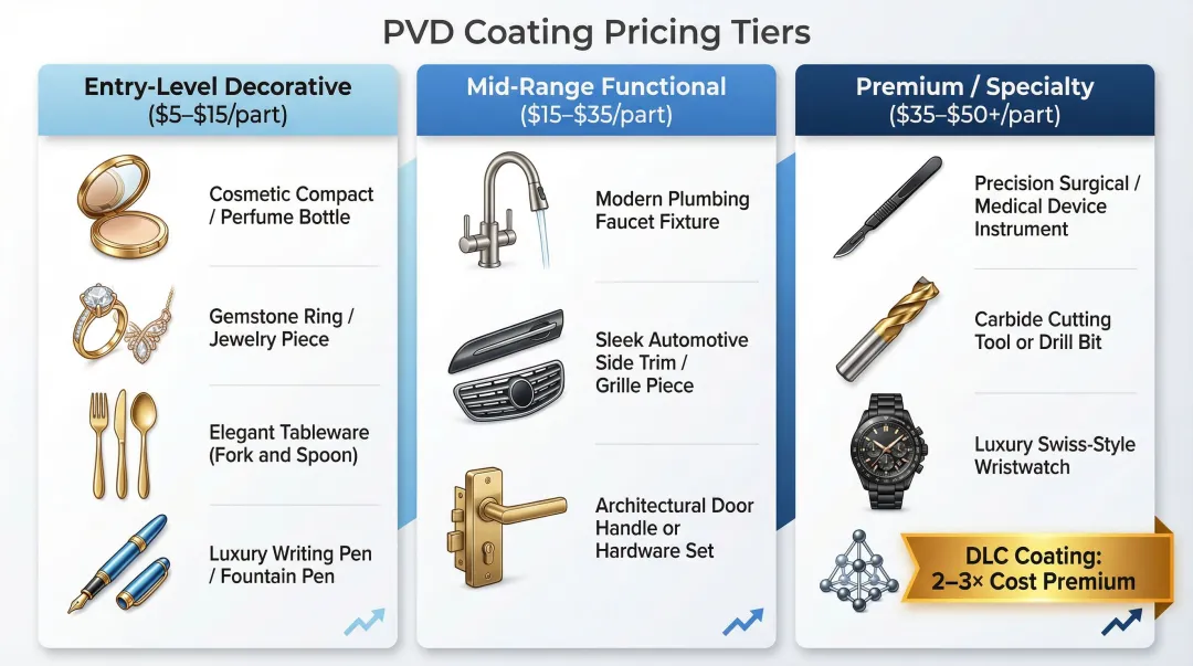 Three-tier PVD coating cost comparison from decorative to premium specialty coatings