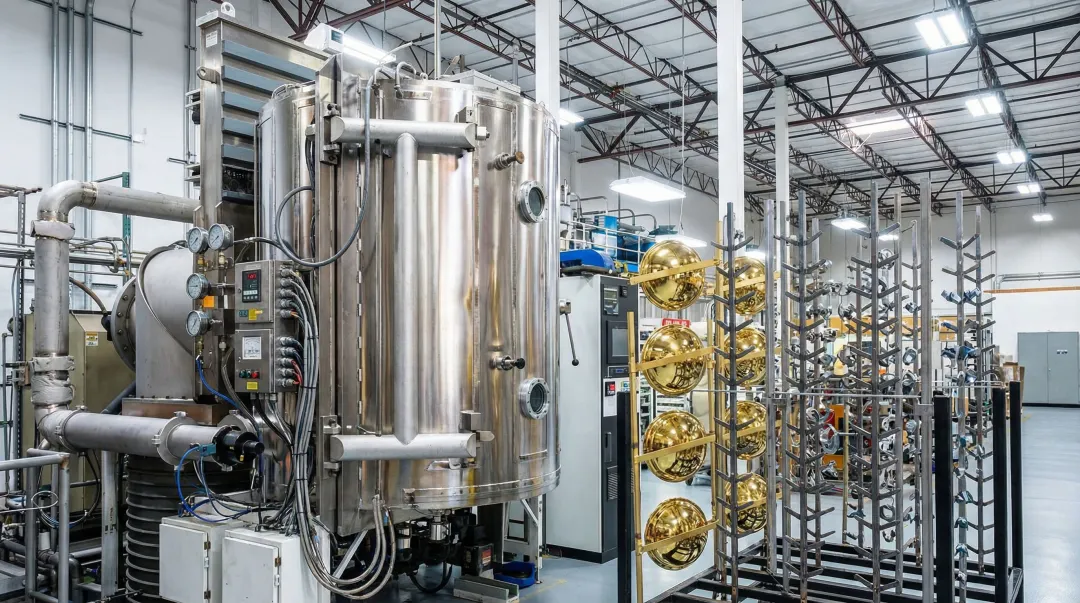 High-volume PVD coating production facility with industrial batch processing chambers