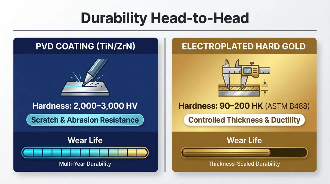 PVD coating versus electroplated gold hardness and durability side-by-side comparison