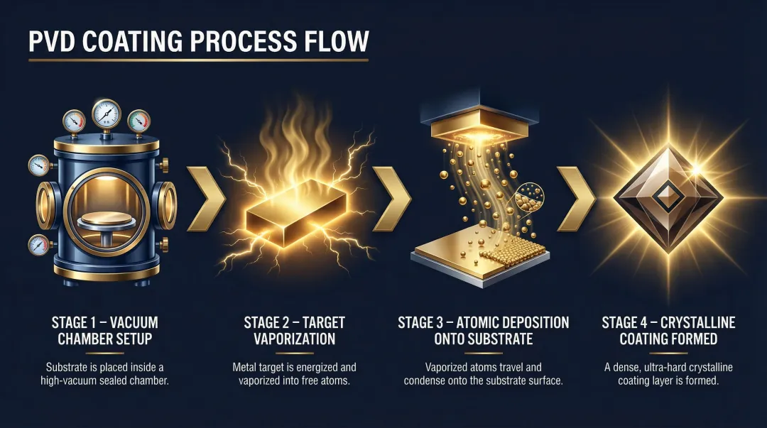 PVD coating vacuum deposition process four-stage breakdown infographic