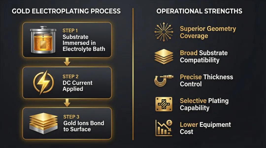 Gold electroplating process steps and operational strengths comparison infographic
