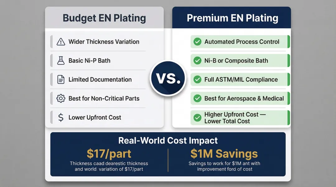 Budget versus premium electroless nickel plating cost tradeoff comparison side by side