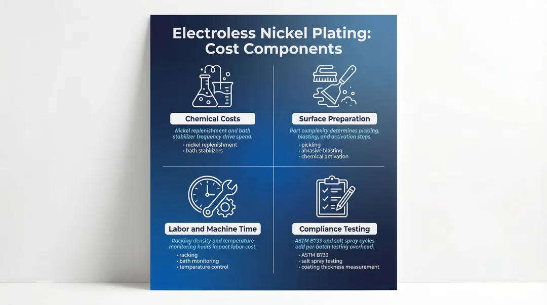 Four electroless nickel plating cost categories breakdown infographic with cost drivers