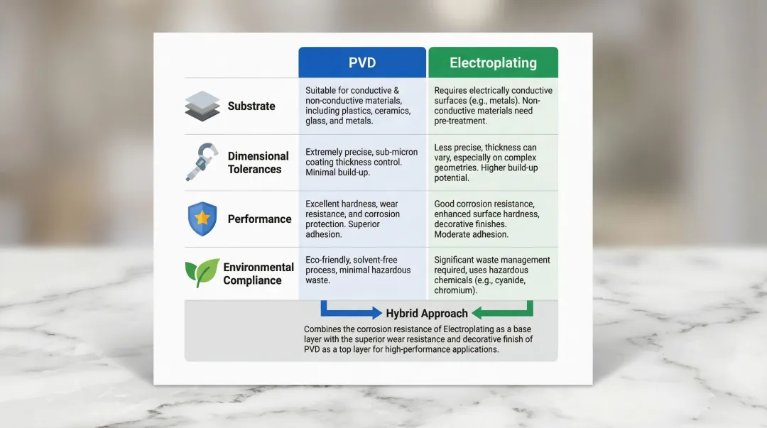 PVD versus electroplating application decision matrix by substrate performance and environment