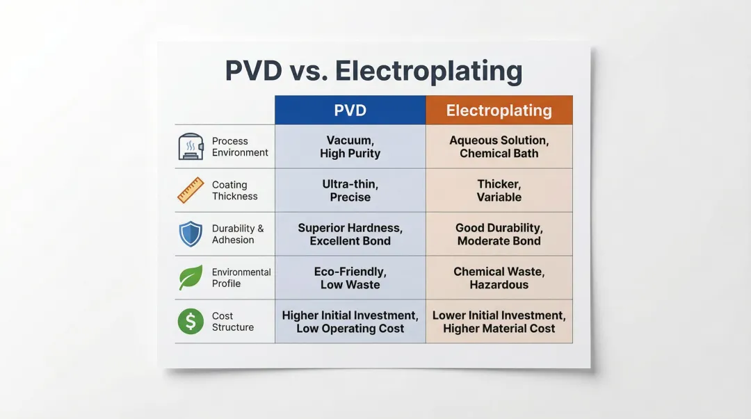 PVD versus electroplating five-factor side-by-side comparison infographic