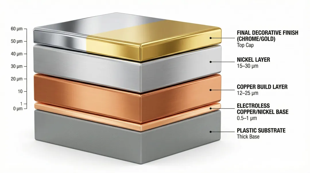 Three-layer electroplating build-up sequence showing copper nickel and chrome coating thicknesses