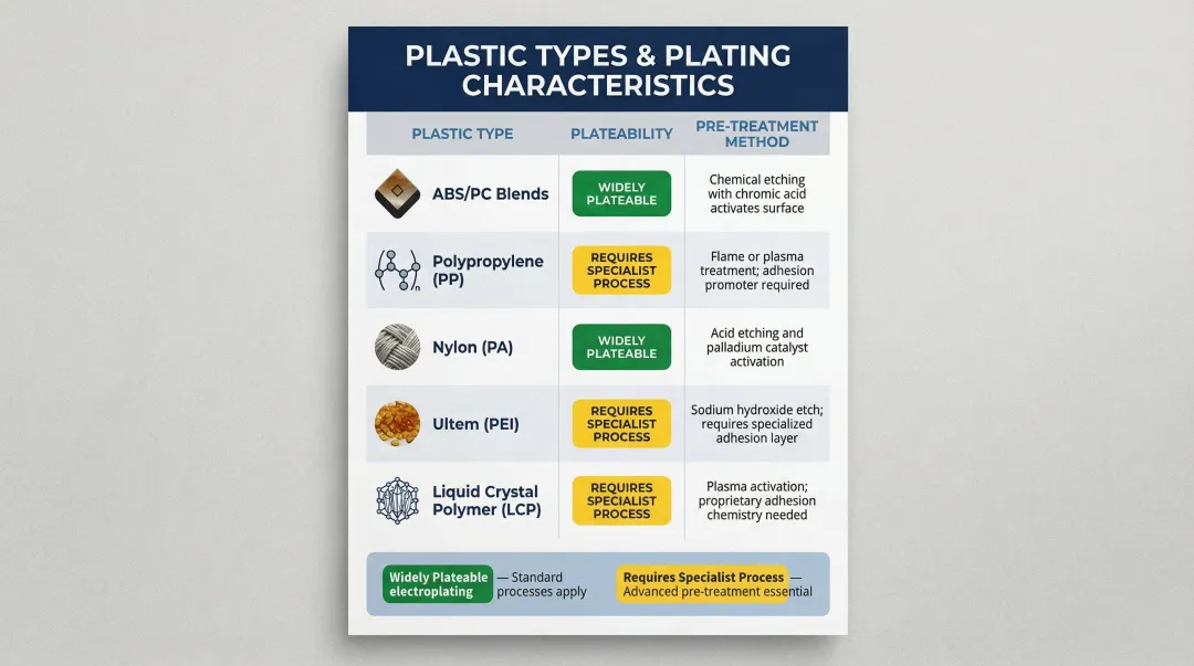 Plastic electroplating compatibility comparison table for five common engineering plastics