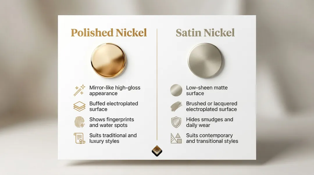 Polished nickel versus satin nickel side-by-side comparison table infographic