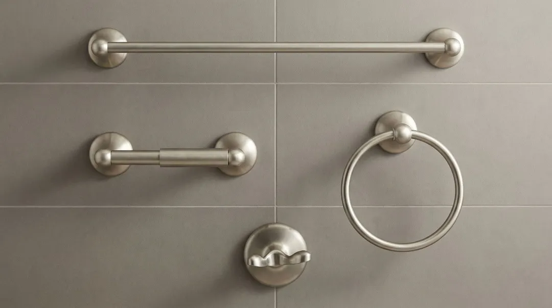 Satin nickel bathroom faucet and fixtures with soft matte finish installed