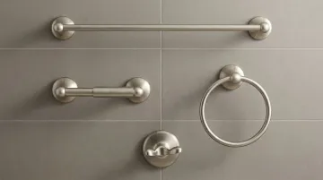 Satin nickel bathroom faucet and fixtures with soft matte finish installed