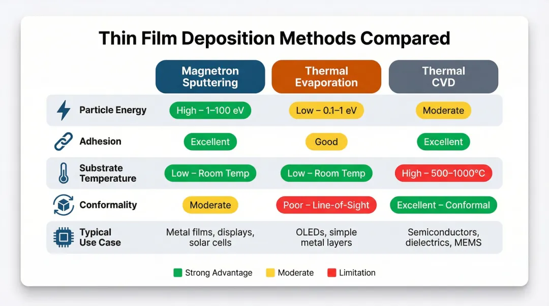 Magnetron sputtering versus thermal evaporation versus CVD deposition method comparison chart