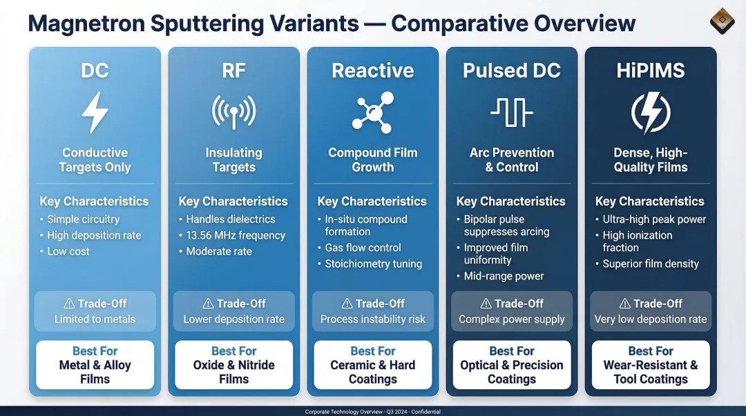 Magnetron sputtering types comparison DC RF reactive pulsed HiPIMS key characteristics