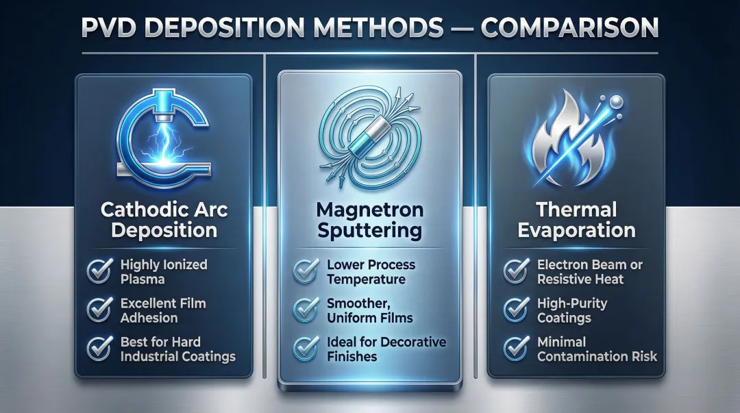 Three PVD deposition methods cathodic arc magnetron sputtering thermal evaporation comparison