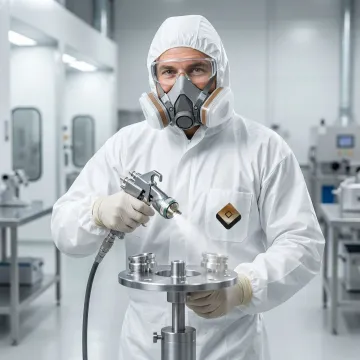 Worker applying protective coating to precision parts in modern facility