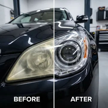 Before and after comparison of headlight UV coating restoration