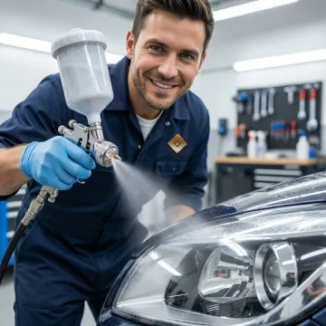 Professional UV clear coat application on automotive headlights