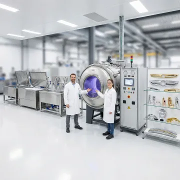 Vacuum metal deposition process showing chamber and finished metallic parts