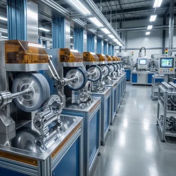 Technician operating automatic polishing equipment on metal parts