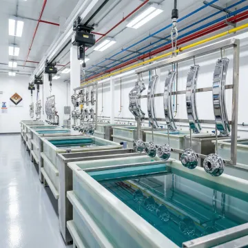 Industrial electroplating tanks with nickel-finished metal parts