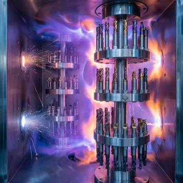 PVD coating chamber with precision tooling during AlTiCrN deposition process