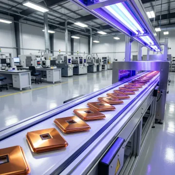 Worker applying high-gloss UV coating to copper-finished cosmetic components