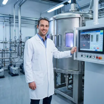 Technician operating PVD coating chamber equipment