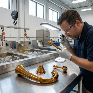 Technician applying custom polished bronze finish in modern metallizing facility