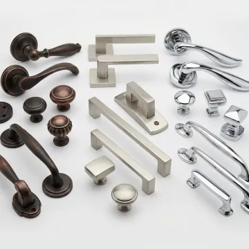 Architectural hardware components with various metal finishes arranged for comparison