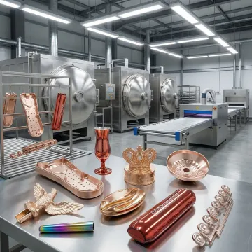 Industrial rose gold plating process showing metallization chamber and finished components