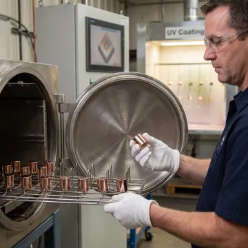 Industrial rose gold plating process showing metallization chamber and finished components