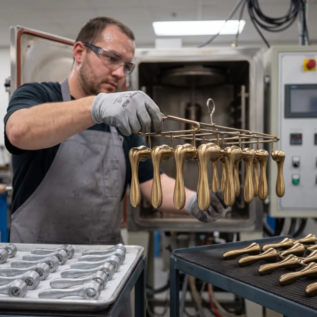Industrial PVD coating chamber processing brass components