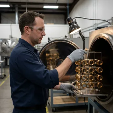 Technician applying abrasion-resistant coating to aluminum parts in industrial facility