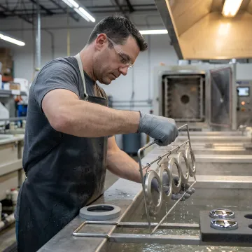 Manufacturing facility showing brushed nickel finishing process equipment