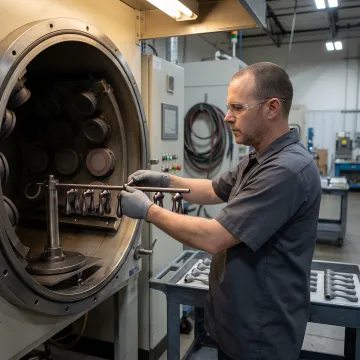 PVD coating chamber with titanium aluminum nitride deposition process in progress
