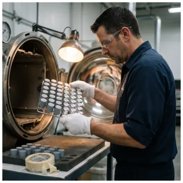 Vacuum metal deposition process showing chamber and finished metallic parts
