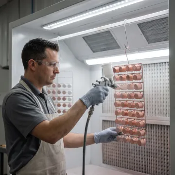 Worker applying high-gloss UV coating to copper-finished cosmetic components