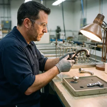 Architectural hardware components with various metal finishes arranged for comparison