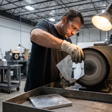 Technician operating automatic polishing equipment on metal parts