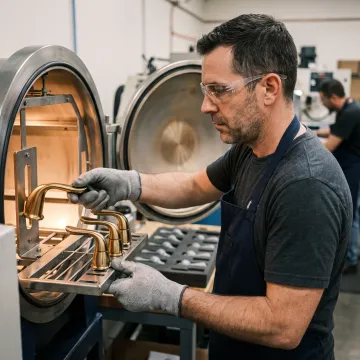 Worker applying protective coating to precision parts in modern facility