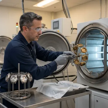 Technician applying PVD coating to watch components in vacuum chamber