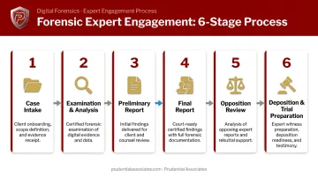 6-stage forensic expert witness engagement process flow infographic