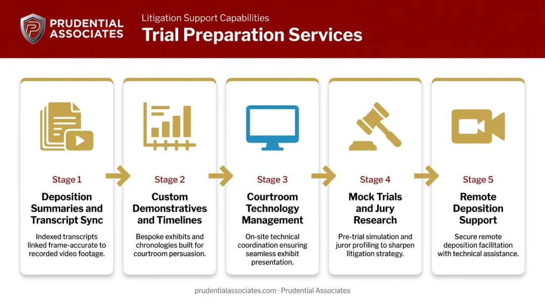 Five-stage trial preparation and courtroom support services process flow infographic
