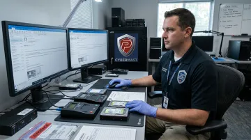 Certified digital forensics examiner analyzing email evidence on forensic workstation