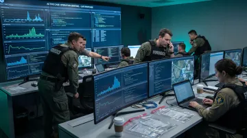 Incident response team reviewing ransomware case evidence in professional forensic operations center