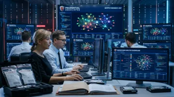Prudential Associates cryptocurrency investigation team reviewing blockchain analytics platform dashboard